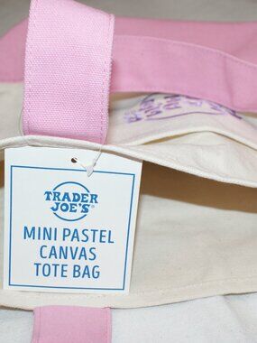 Trader Joe's Mini Pastel Canvas Tote Bag Pretty Pink Straps with Purple Logo